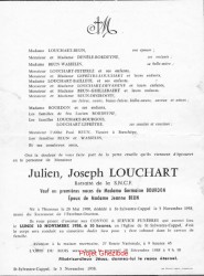 Julien Joseph LOUCHART veuf de Dame Germaine BOURDON et époux de Dame Jeanne BEUN, décédé à Saint-Sylvestre-Cappel, le 05 Novembre 1958 (58 ans).
